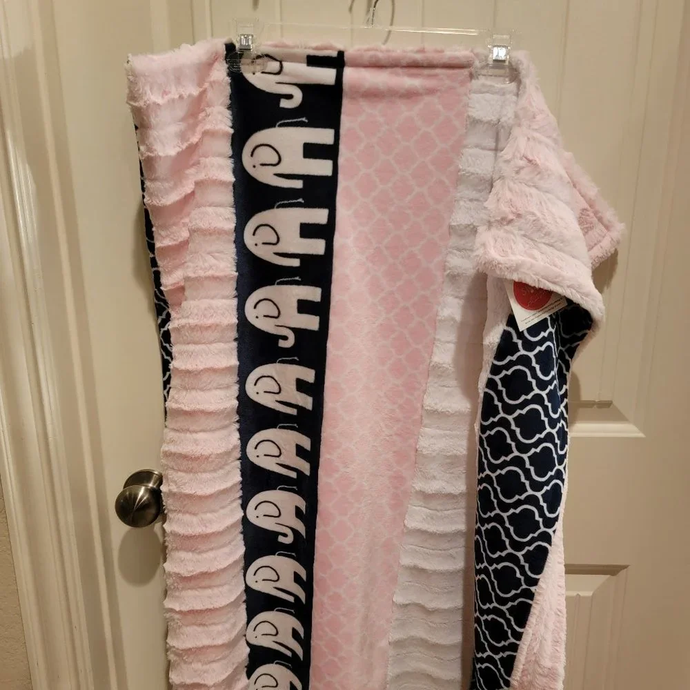 Handmade Minky Elephant Blanket 48x34 Large Plush Pink Navy Soft Throw Baby Gift